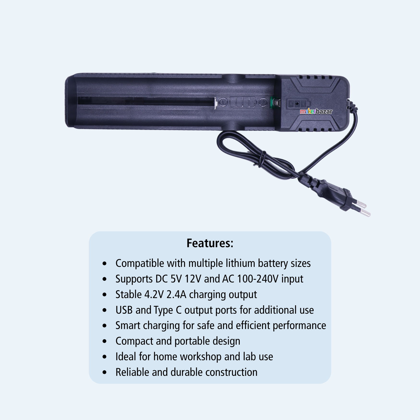 4.2V 2.4A 140mm Long Lithium Battery Charger for 401350, 40700, 32140 Cells