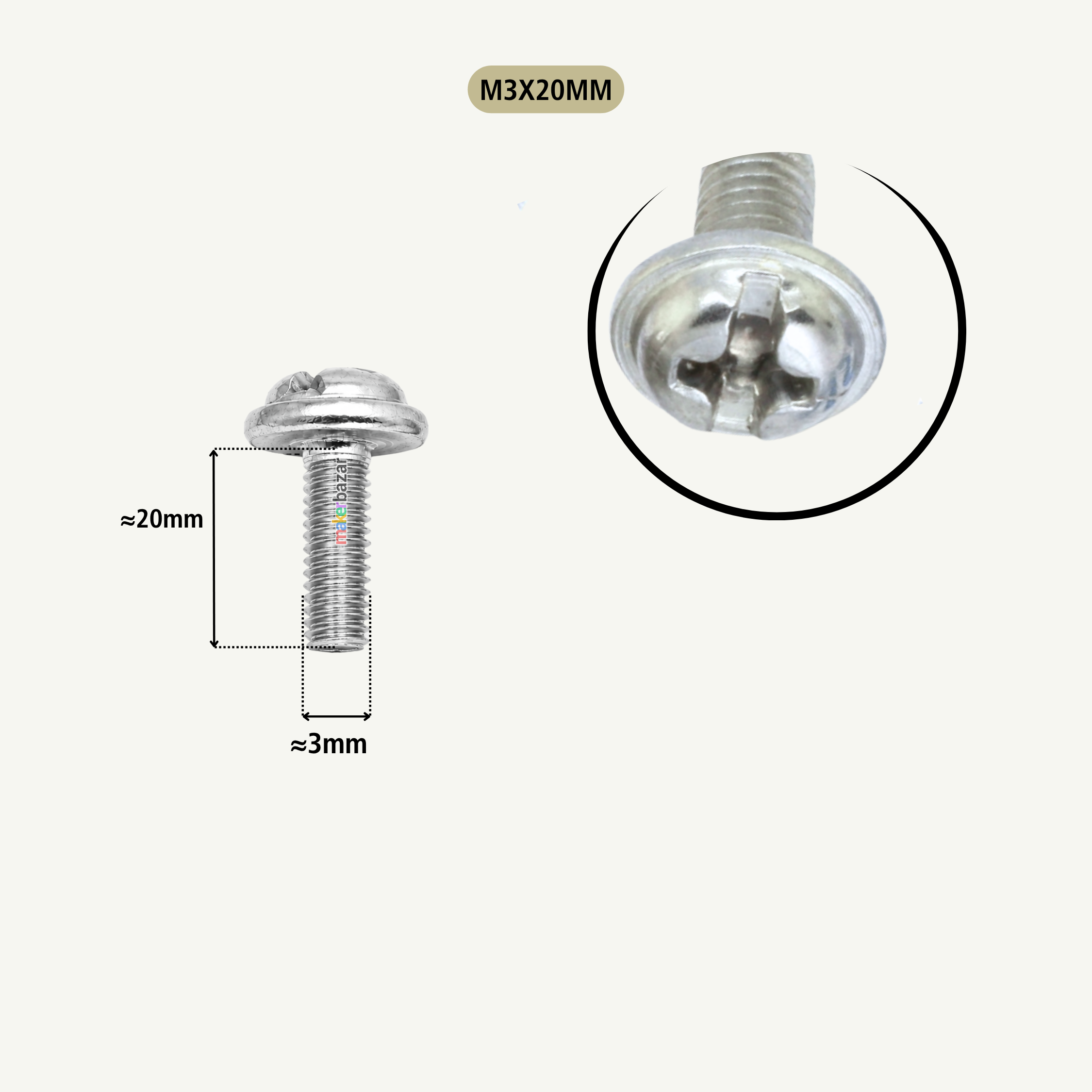 A silver metal M3x20mm screw shown on a light beige background, with a dimension callout indicating approximately 20mm height and 3mm head width, plus a circular close-up inset of the screw head.