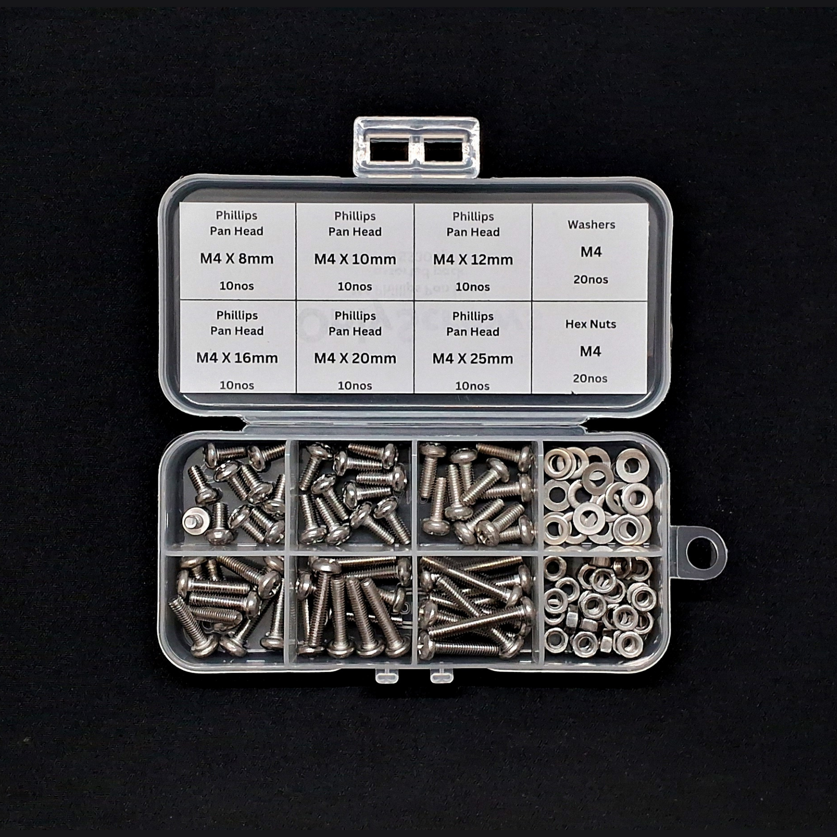 100pcs M4 Assorted Nut-Bolt-Washer Screw Pack Kits (SS304)