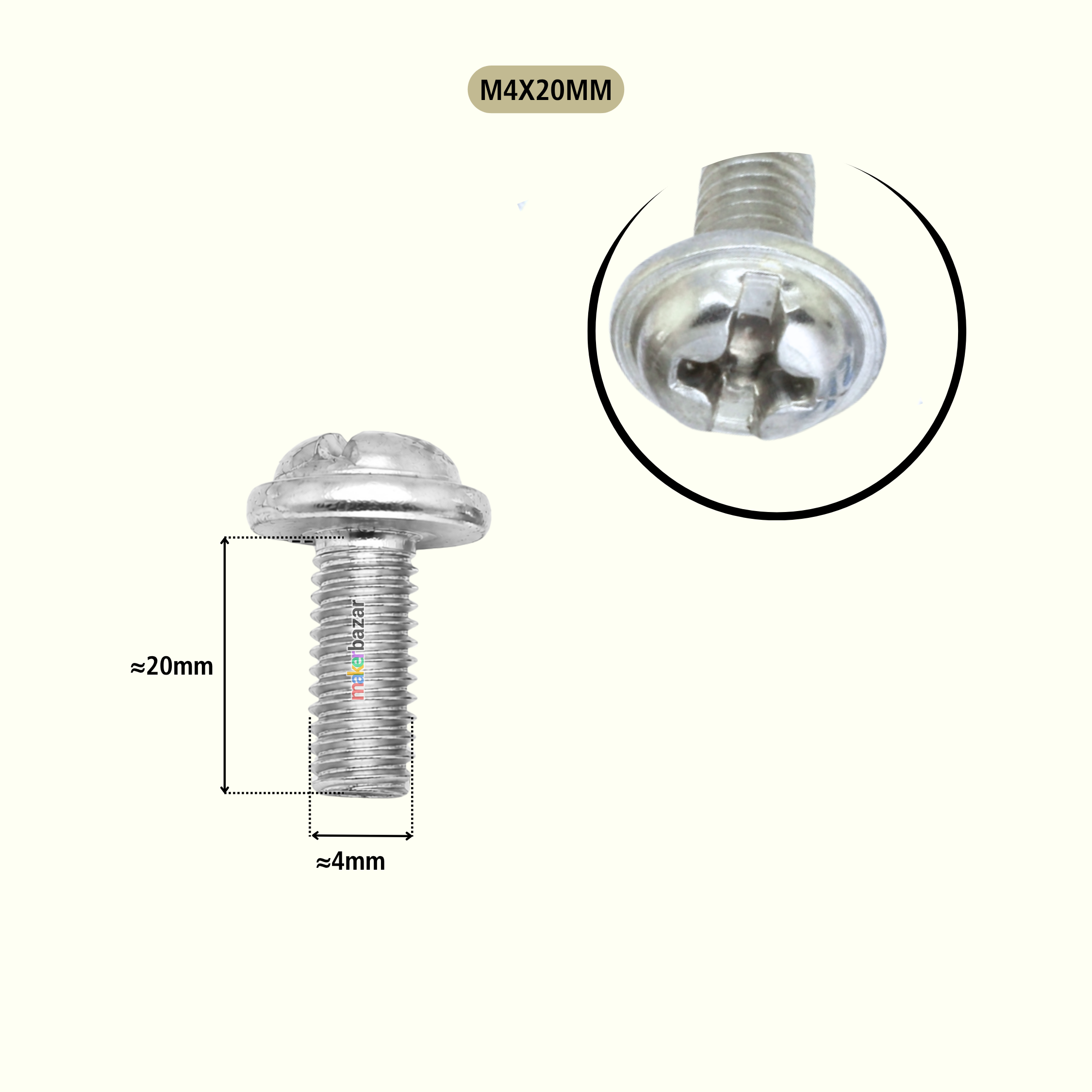 A silver metal M4x20mm screw shown on a light cream background, with a dimension callout indicating approximately 20mm length and 4mm head diameter, plus a circular close-up inset of the screw head.