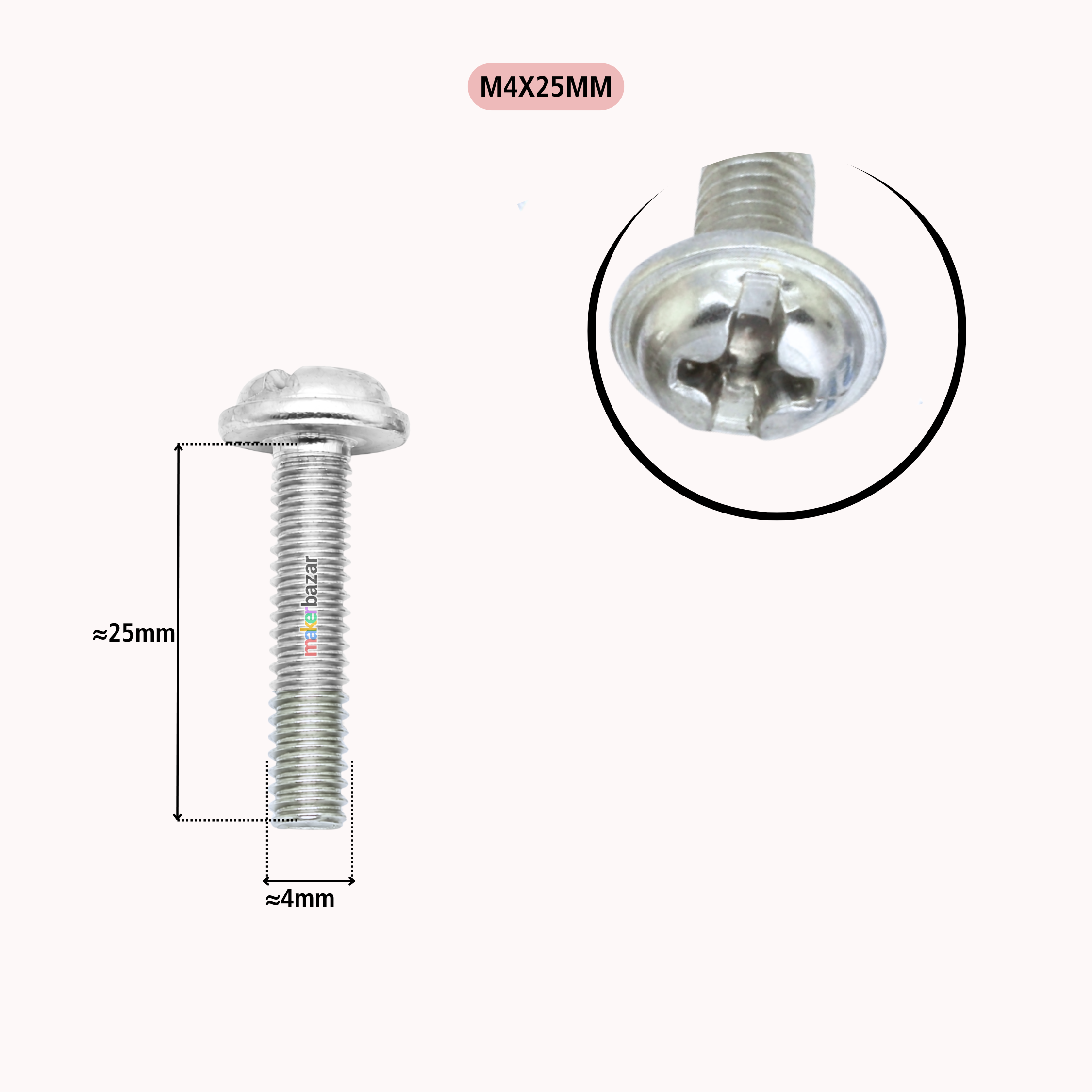 A silver metal M4x25mm screw bolt shown on a light background, with a circular inset close-up of the head and dimension labels indicating approximately 25mm length and 4mm head diameter.