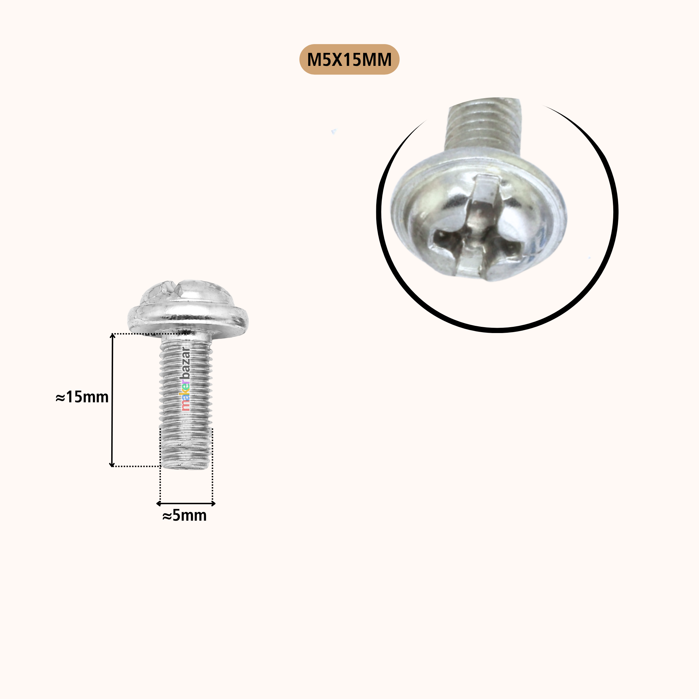 A silver metal screw fastener shown on a light beige background, with a dimension callout indicating approximately 15mm height and 5mm width, plus a circular close-up of the head. Text at the top reads 'M5X15MM'.
