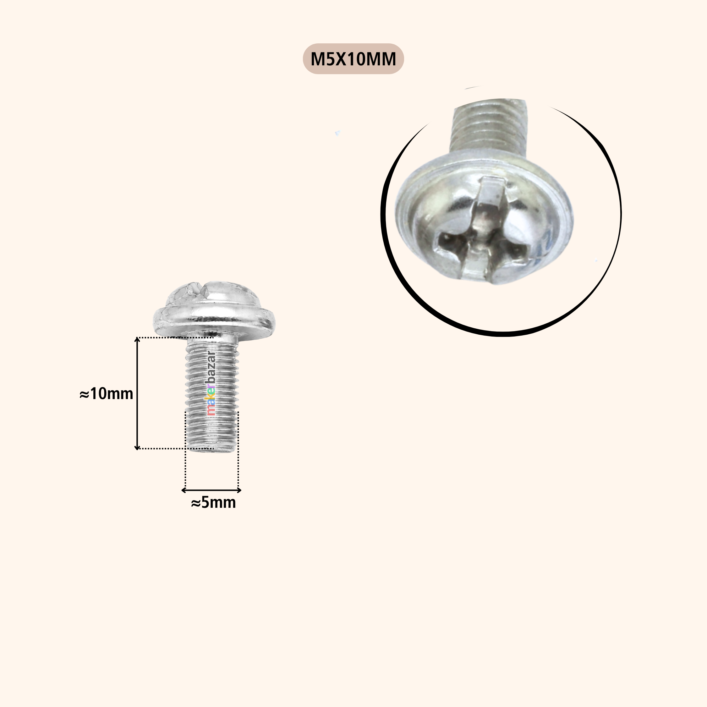 A silver metal screw fastener shown on a light beige background, with a dimension label of 10mm by 5mm and a circular close-up of the head. Text at the top reads 'MSX10MM'.