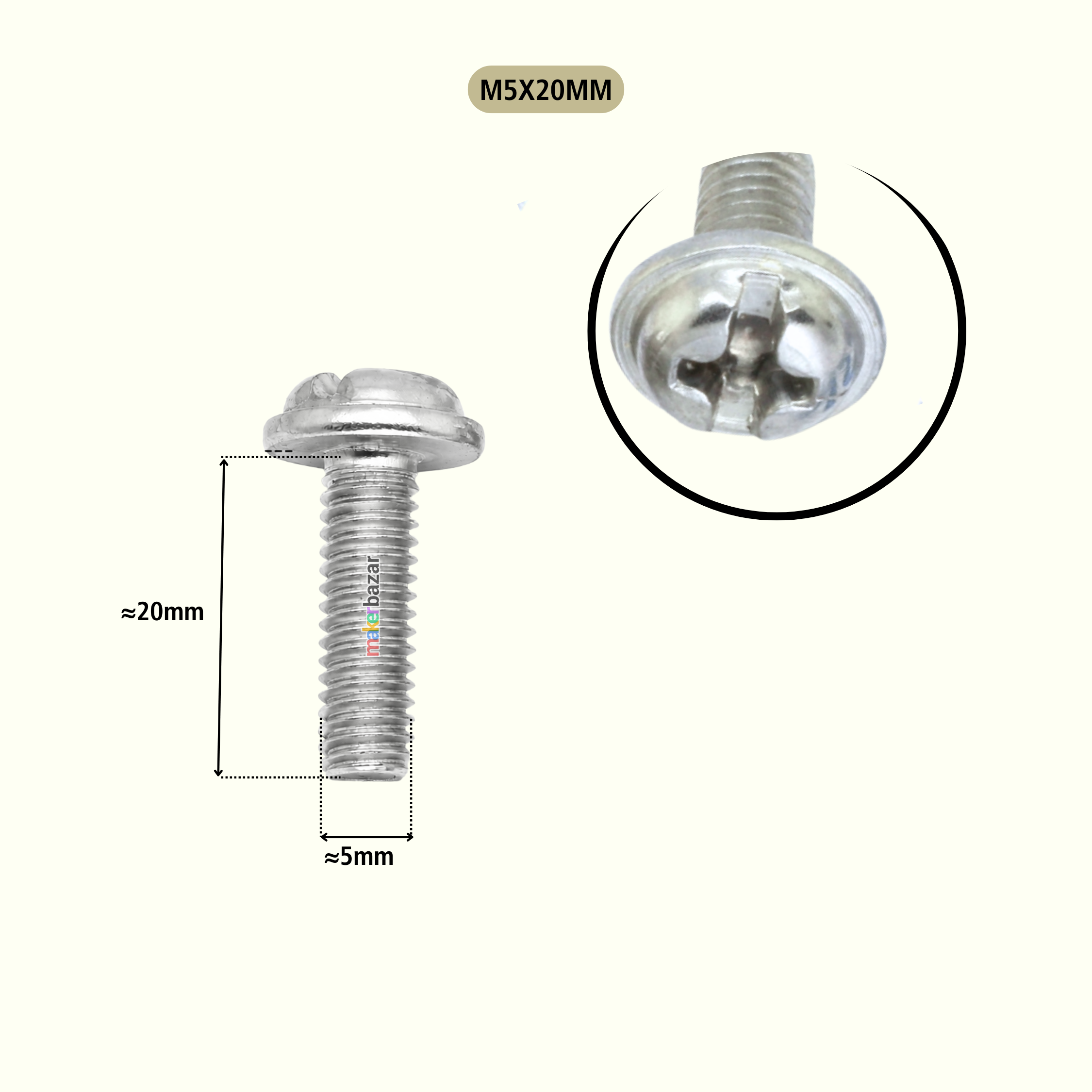 A silver metal screw fastener shown on a light cream background, with a dimension label indicating approximately 20mm length and 5mm head width, plus a circular close-up of the head. Text at the top reads 'MSX20MM'.