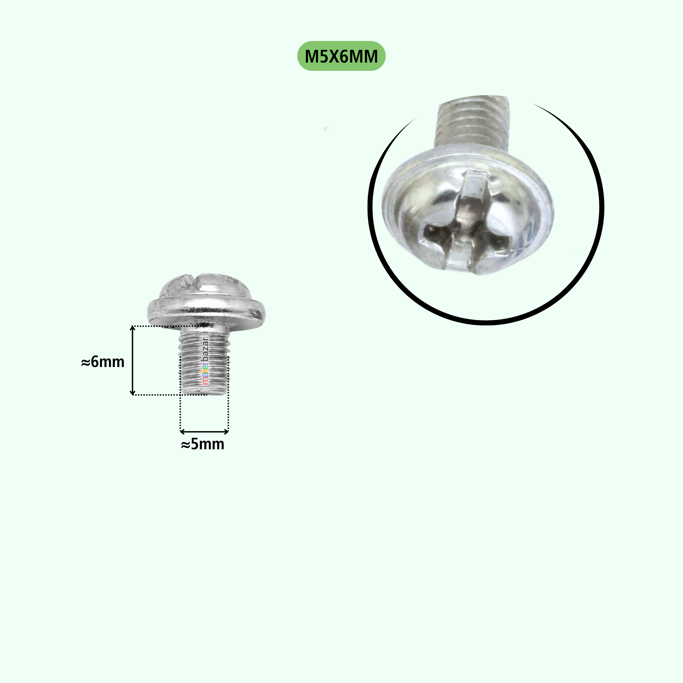A small silver metal screw fastener shown on a pale green background, with a dimension callout indicating approximately 6 mm height and 5 mm width, plus a circular close-up inset of the head. Text at the top reads 'MSX6MM'.