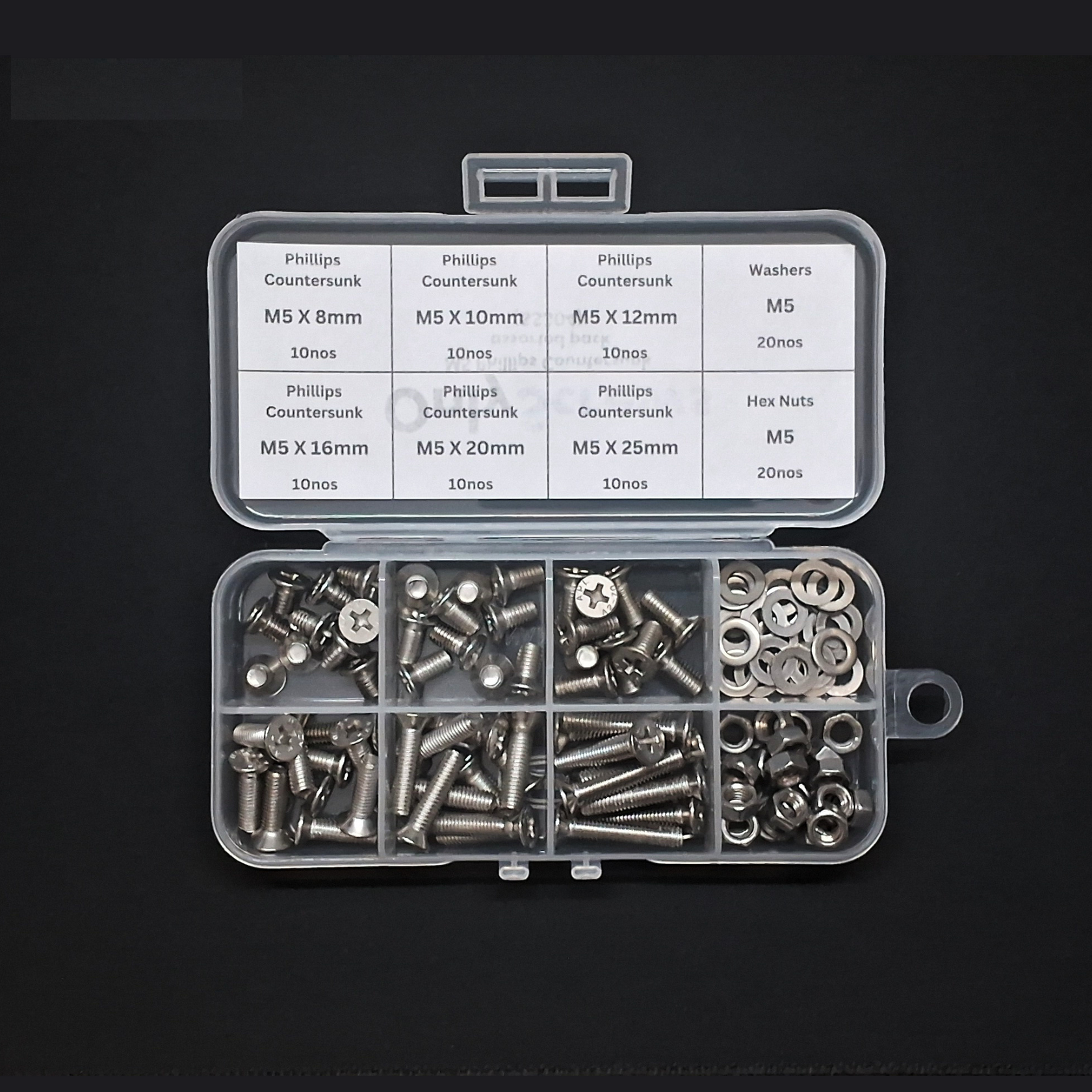 100pcs M5 Assorted Nut-Bolt-Washer Screw Pack Kits (SS304)