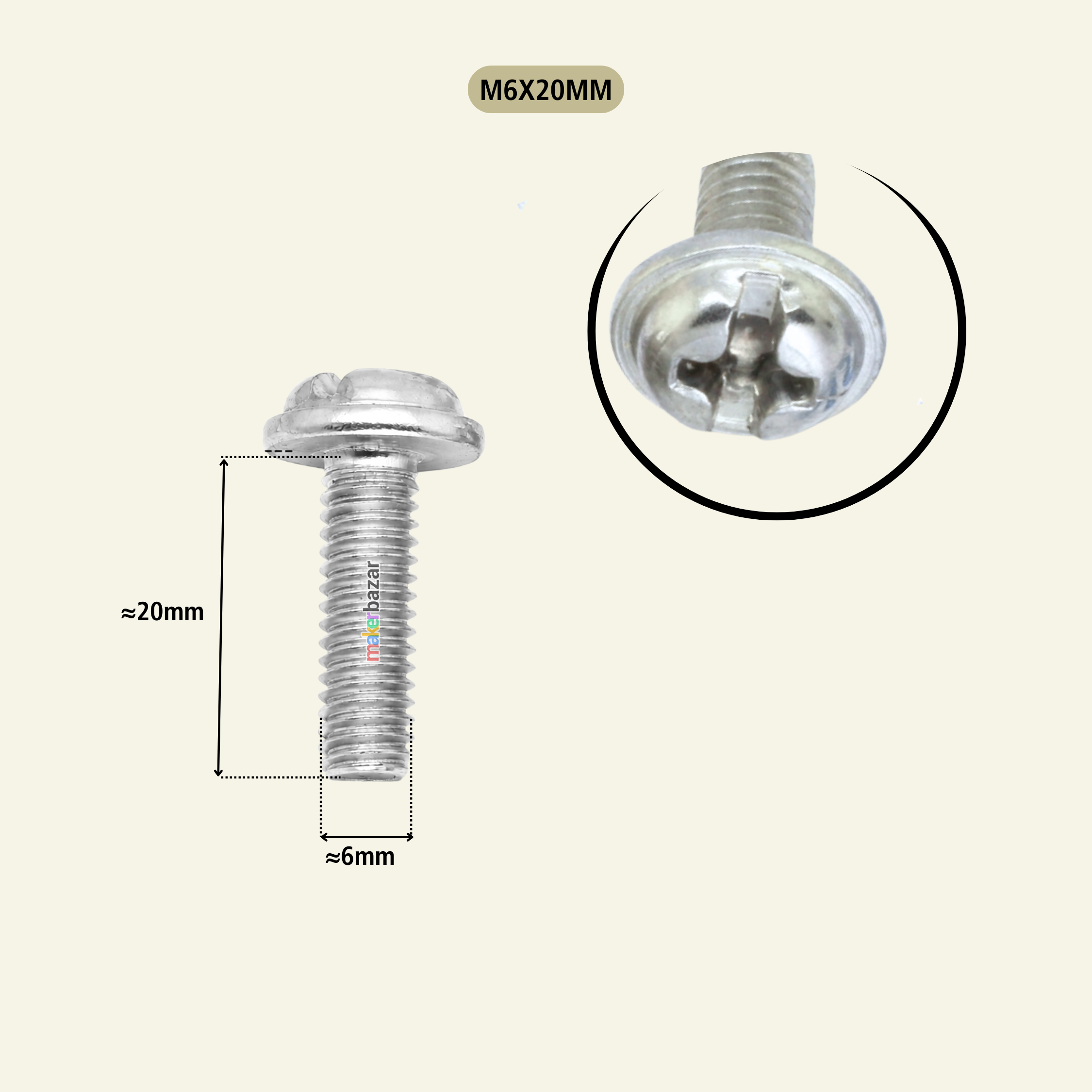A silver metal screw bolt shown on a light beige background, with a dimension label of approximately 20mm length and 6mm head width, plus a circular close-up of the head. Text at the top reads M6X20MM.