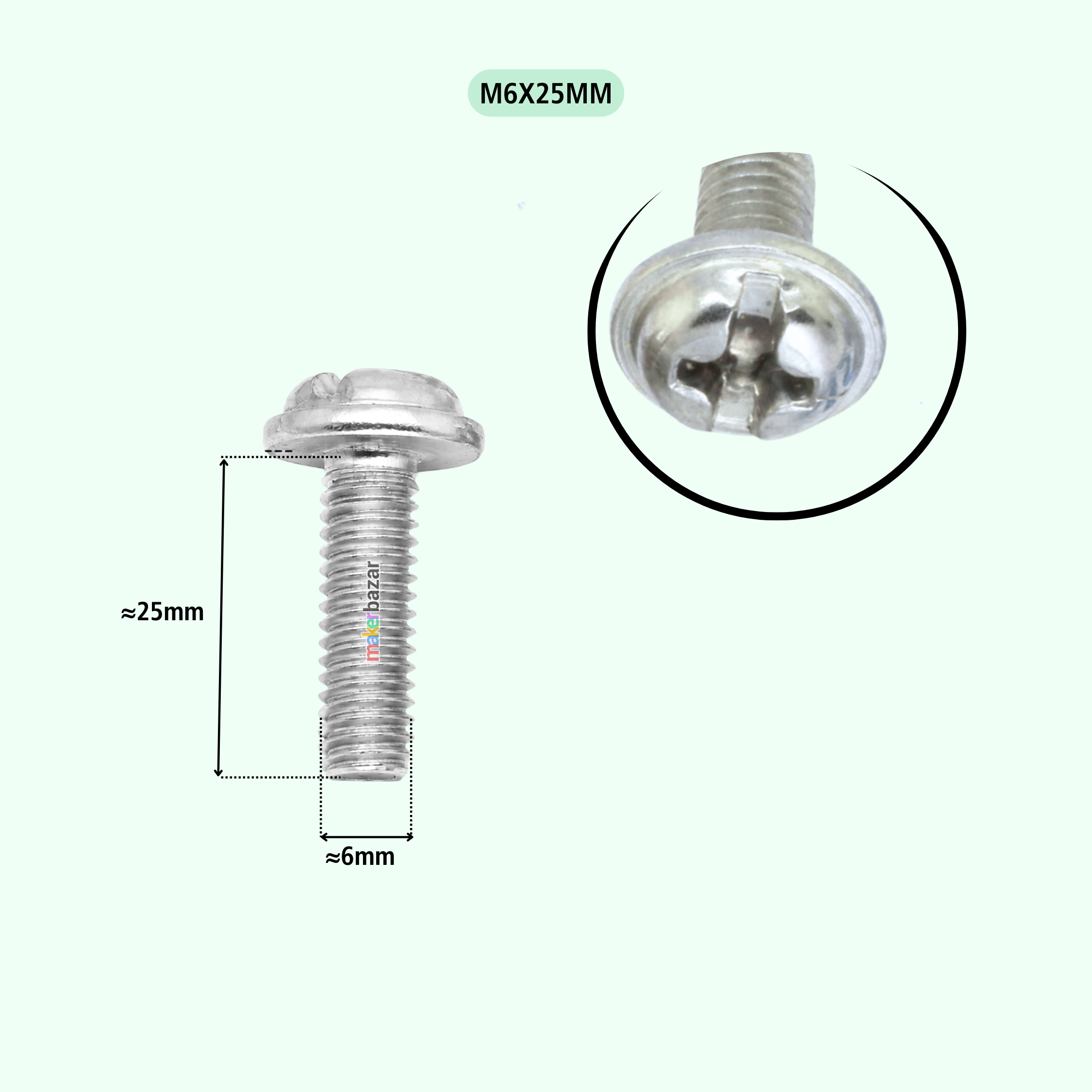 A silver metal screw bolt shown on a light cream background, with dimension labels indicating approximately 20mm length and 5mm head width, plus a circular close-up inset of the screw head.