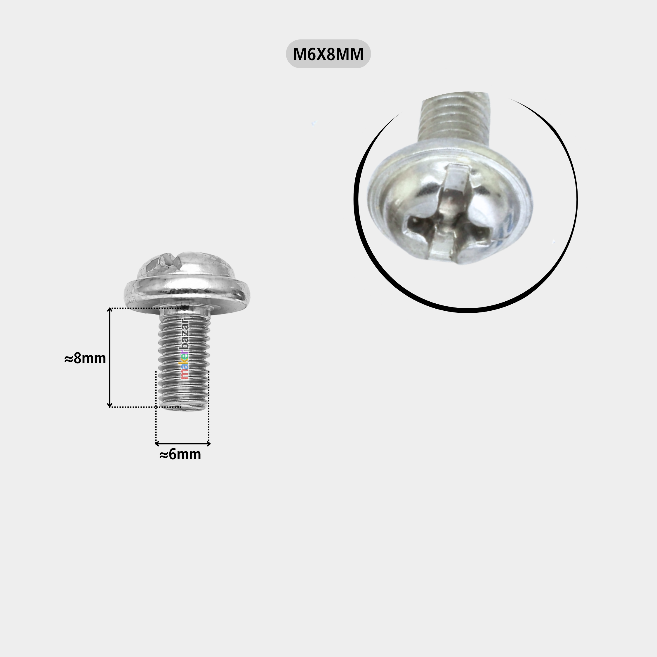 A silver metal M6x8mm flat head screw shown on a light gray background, with a dimension callout indicating approximately 8mm height and 6mm width, plus a circular close-up inset of the screw head.