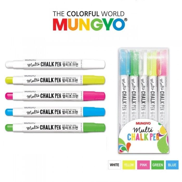 Mungyo Board & Glass Chalk Pen Marker Set Of 5 (Green, Yellow, Pink, Blue, White)