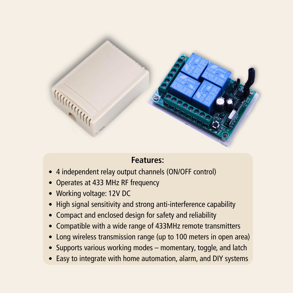 12VDC 433MHz 4-Channel RF Receiver Module with Protective Casing