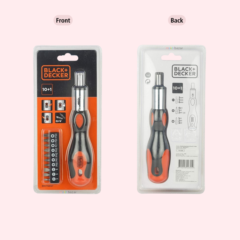 Black+Decker BDHT68127 10-in-1 Ratchet Handle Screwdriver Set – Multi-Bit Alloy Steel Precision Tool