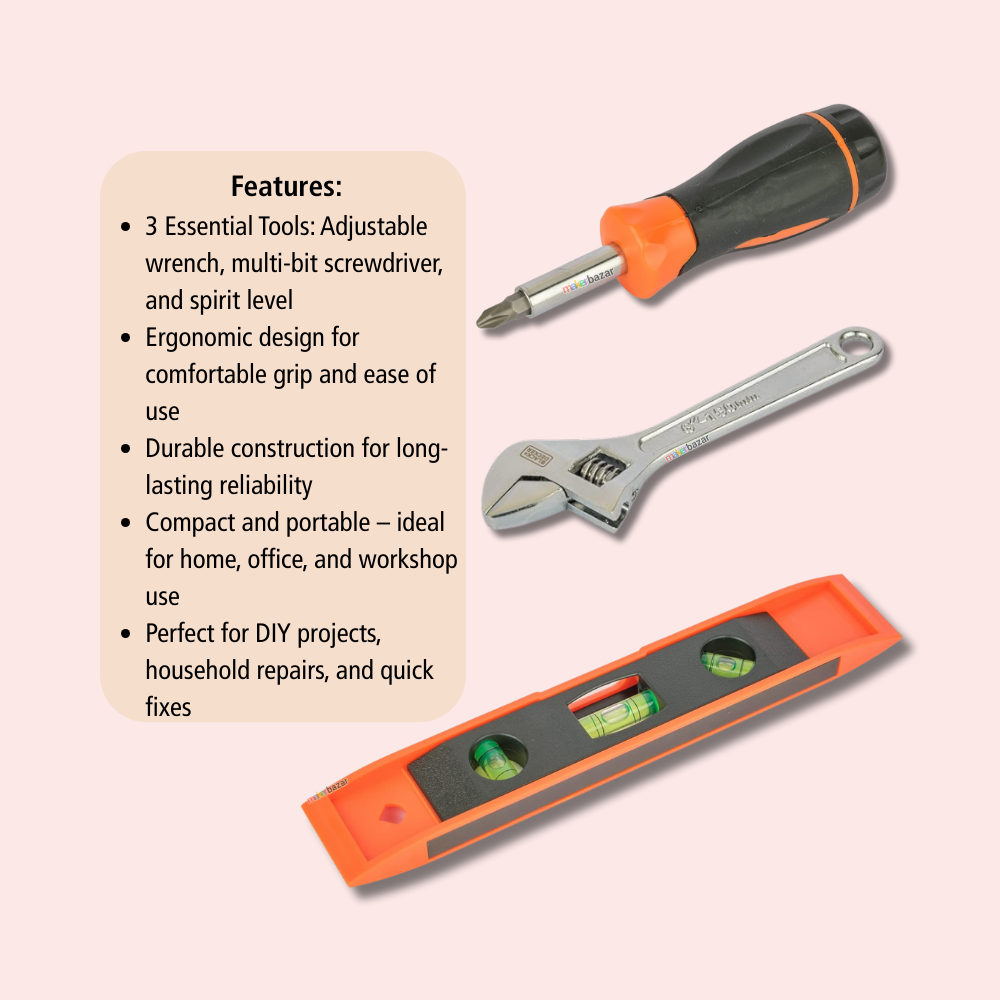 Black+Decker BD75919 3-Piece Hand Tool Set – Adjustable Wrench, Screwdriver & Spirit Level