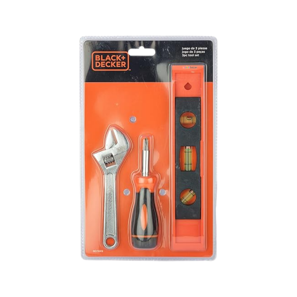 Black+Decker BD75919 3-Piece Hand Tool Set – Adjustable Wrench, Screwdriver & Spirit Level