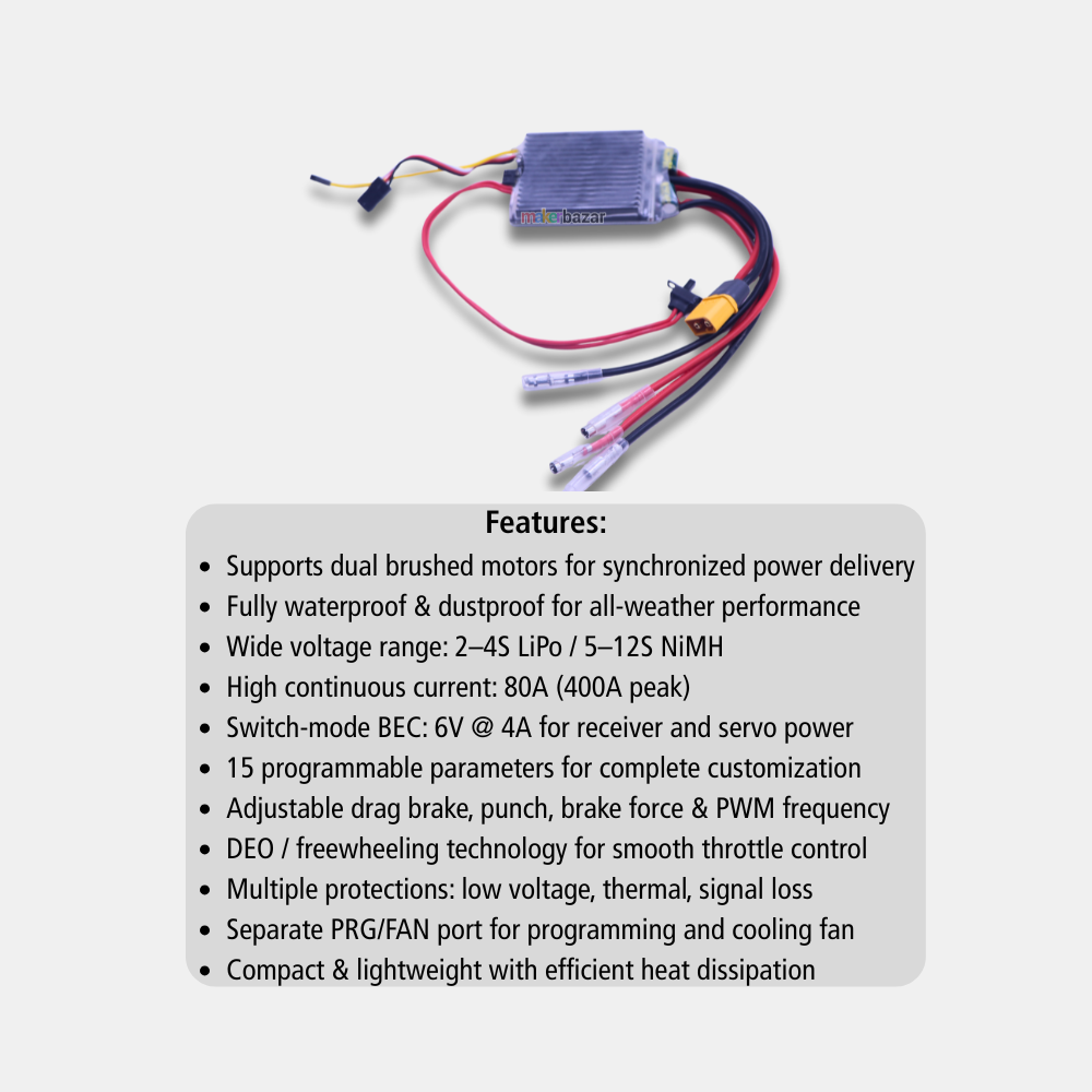 Dual Brushed ESC 80A Waterproof Speed Controller for RC Vehicles