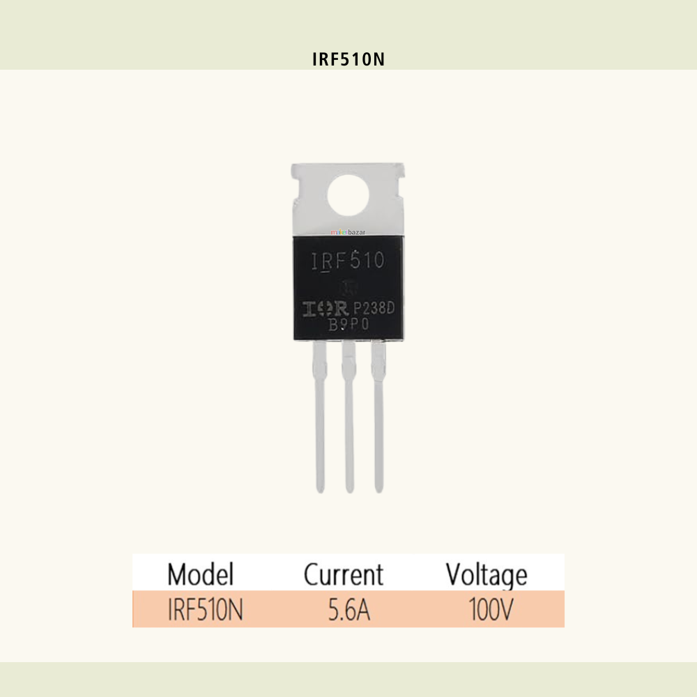 Makerbazar - Transistor with model number IRF510N on a white background