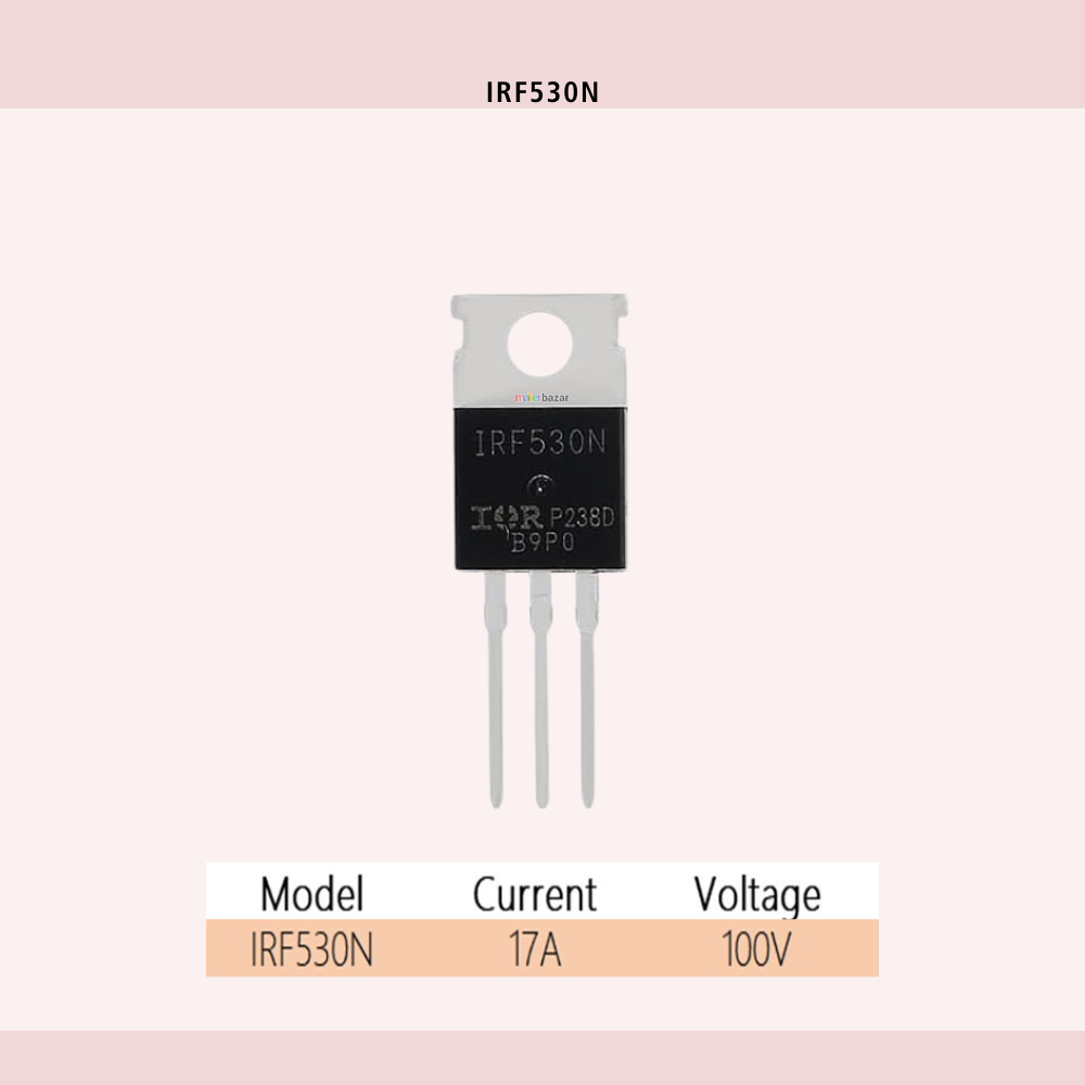 Makerbazar - Transistor with model number IRF530N on a light pink background