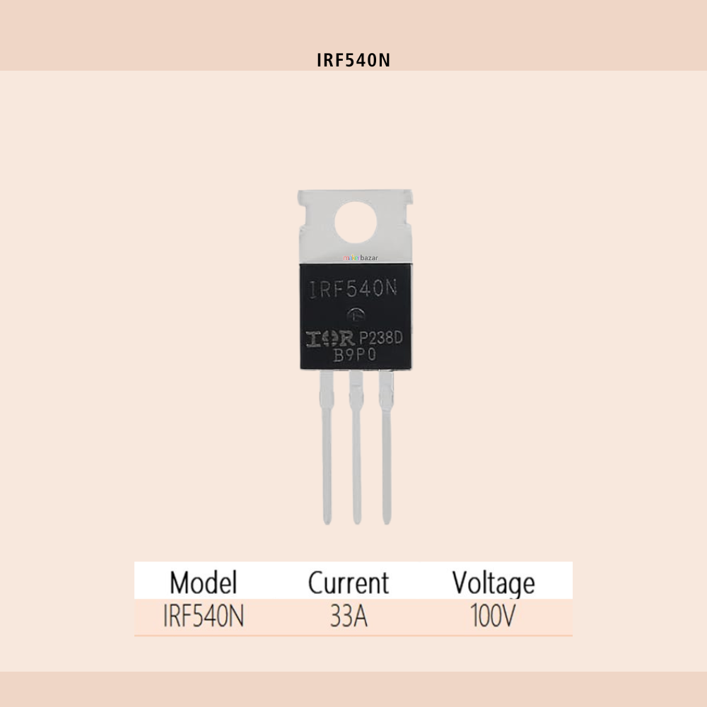 Makerbazar - Transistor with model number IRF540N on a beige background