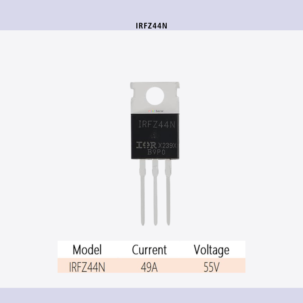Makerbazar - Transistor with model number IRFZ44N on a white background