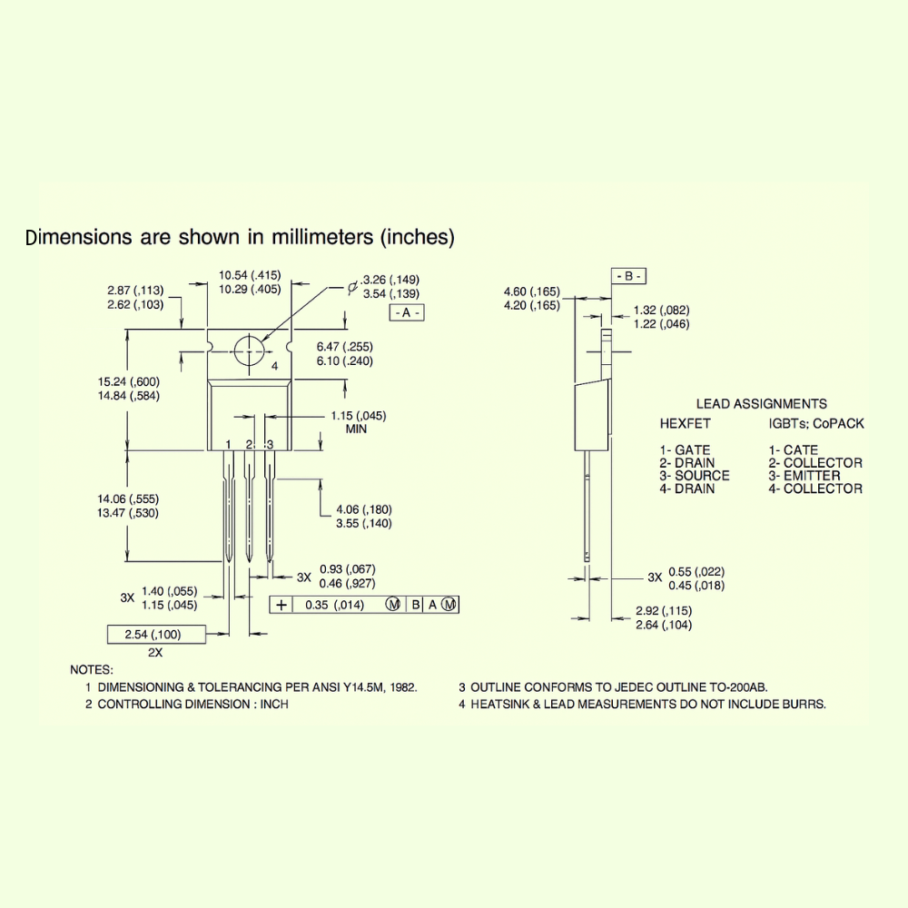 Makerbazar - Technical drawing of IRF series MOSFETs with dimensions in millimetres and inches on a light green background