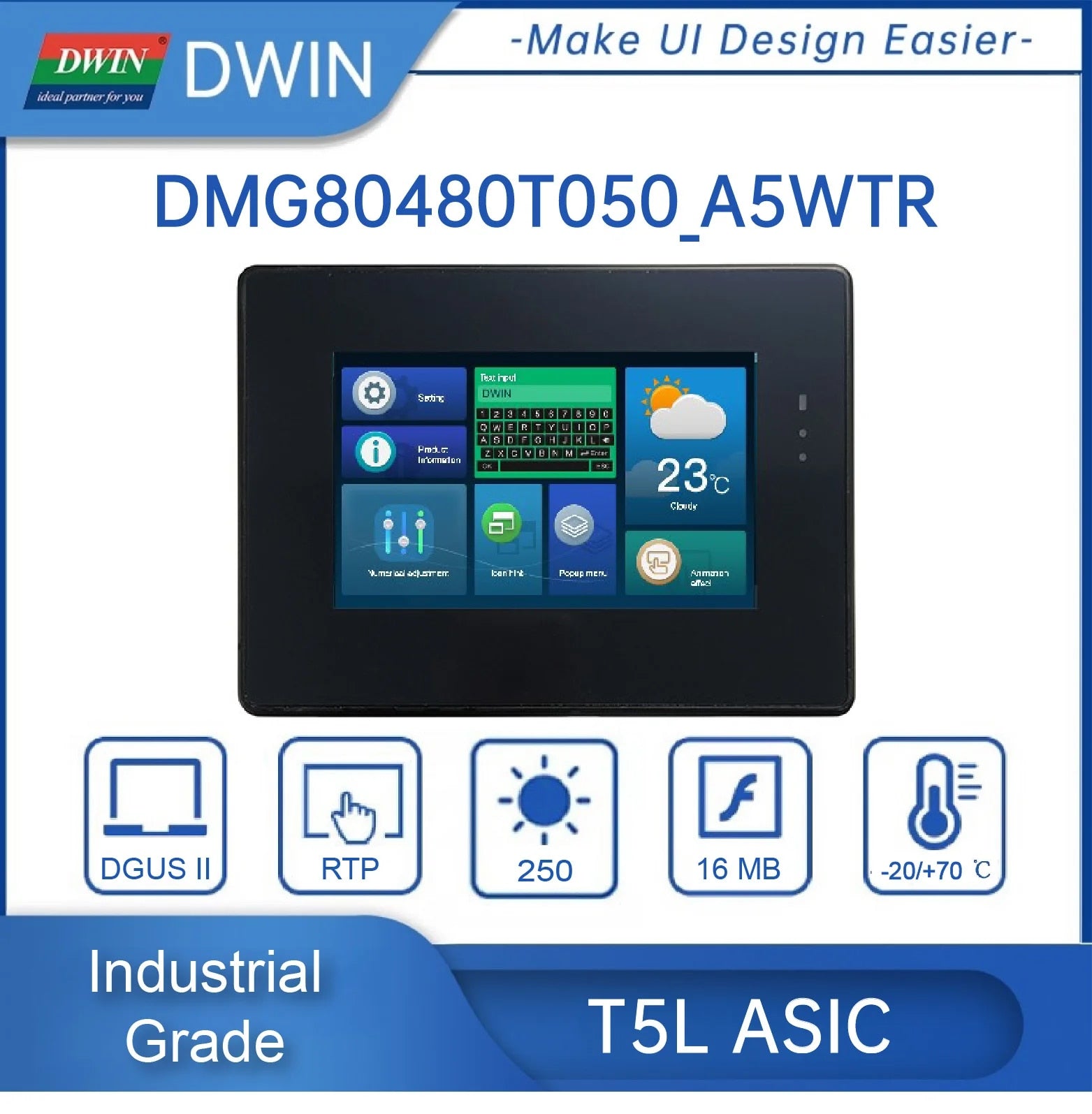 DWIN: DMG80480T050_A5W 5inch 800x480 Industrial IPS UART RS232/RS485 LCD Display With Shell