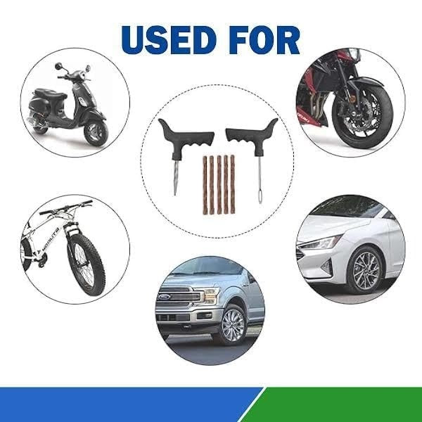 8 in 1 Tubeless Tyre Puncture Kit with Probe, Reamer, Knife,10 Rubber Strips, Valve Cap,Gloves, Plier, Storage Bag for Cars, Bike