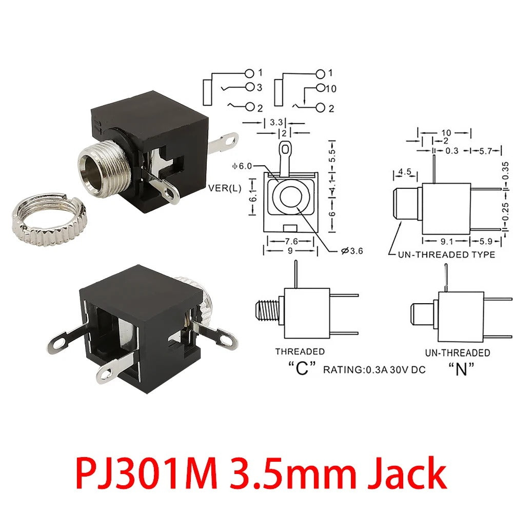 PJ Series Headphone Female Jack 2.5mm/3.5mm Mono/Stereo Audio Interface Connectors