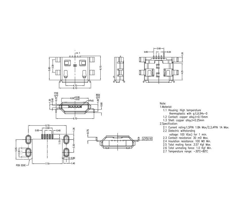 5-Pin Micro USB Type-B Female Socket 180 Degree SMD SMT Soldering Jack