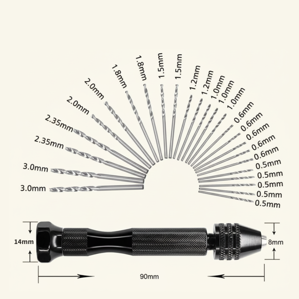 Mini Hand-Drill Pin-Vise with 25-pcs 0.5–3mm Micro Bits Set