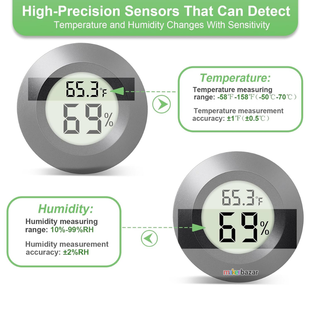 Digital temperature and humidity sensor with measurement details on a white background