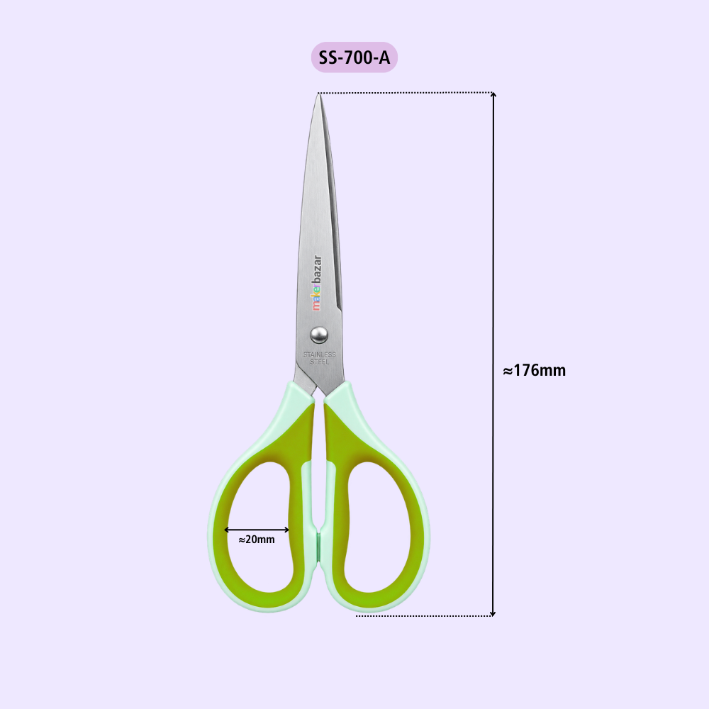 A pair of scissors with silver metal blades and lime green ergonomic handles, shown on a light lavender background with dimension labels indicating a total length of approximately 176mm and a handle width of approximately 20mm. A model label 'SS-700-A' is visible at the top.