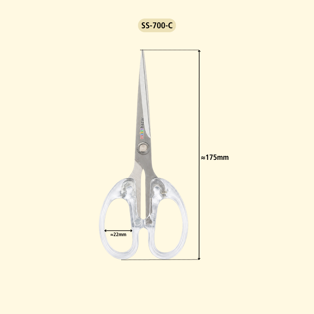 A pair of silver scissors with clear plastic handles on a pale yellow background, with dimension lines and text indicating a height of approximately 175mm and a width of 22mm. The model number SS-700-C is shown at the top.