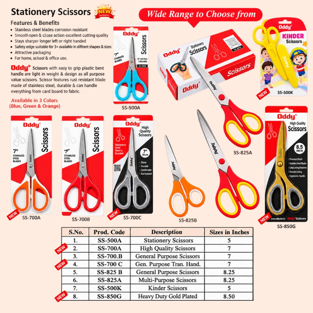 Oddy Stainless Steel Stationery Scissors with Soft Grip Handle