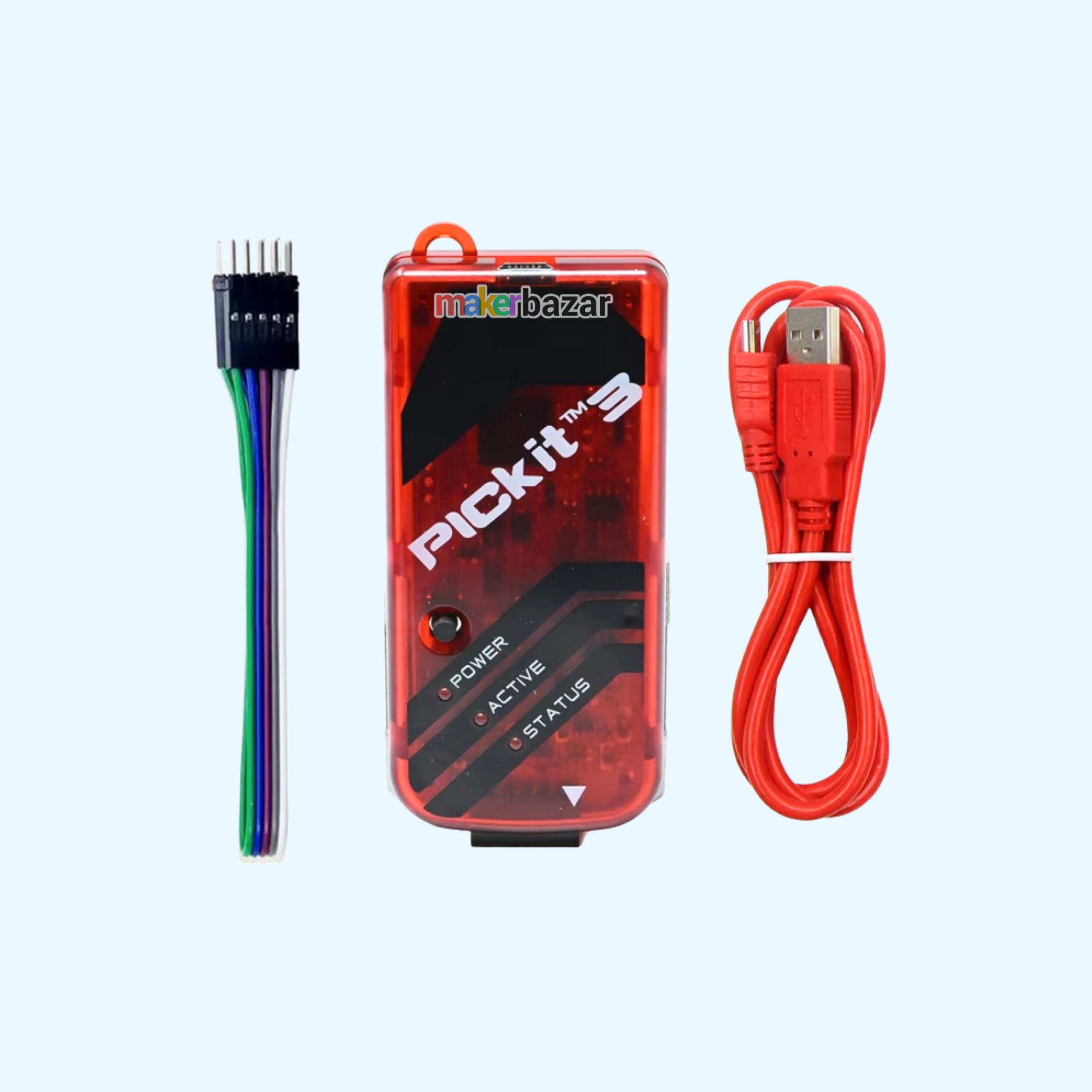 A red and black Maxibazar Pickit 3 diagnostic tool kit shown with a USB cable and a multi-pin connector on a light blue background.
