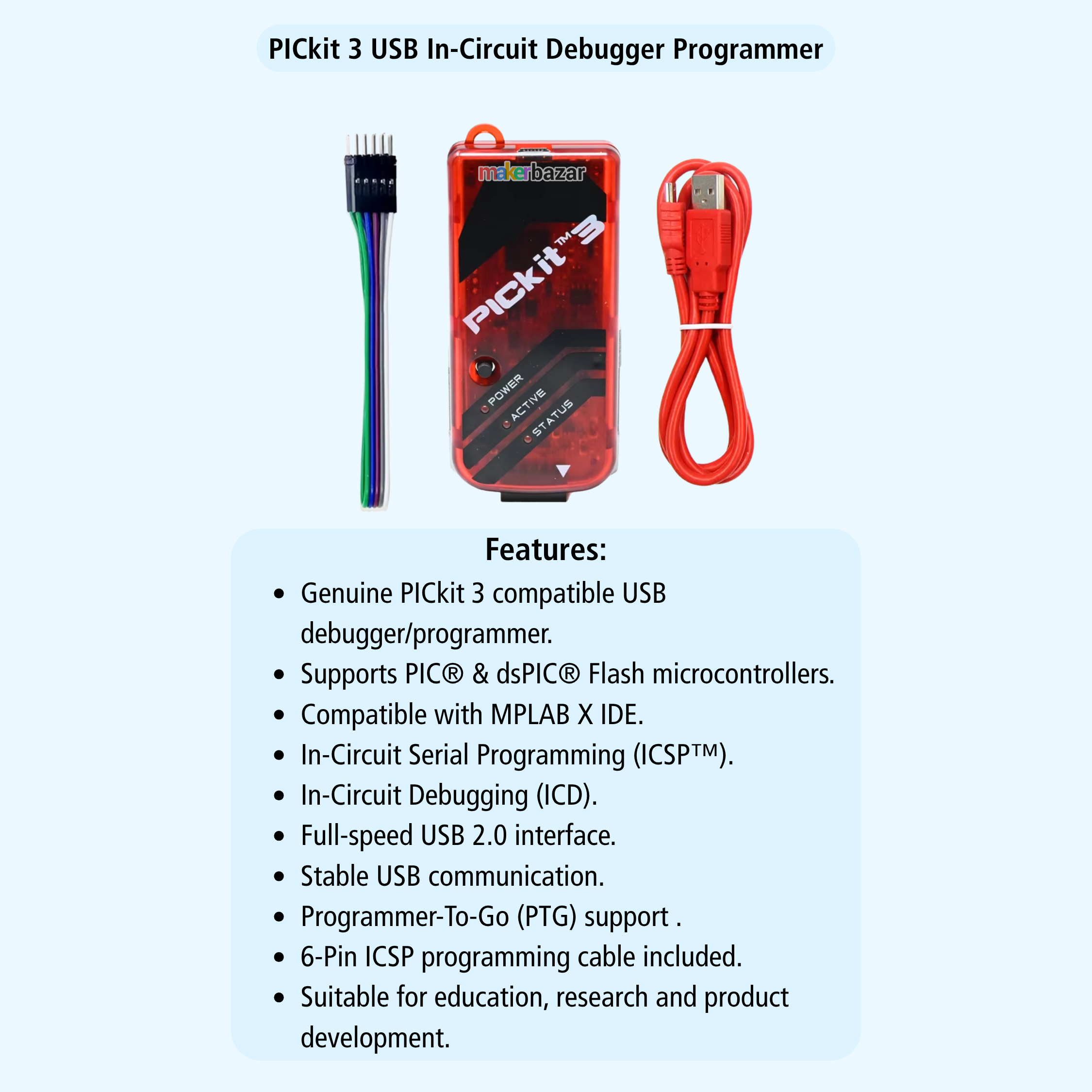 PICkit 3 USB In-Circuit Debugger Programmer kit shown on a light blue background, including a red handheld programmer, a black multi-pin cable, and a red USB cable, with feature bullet points below.