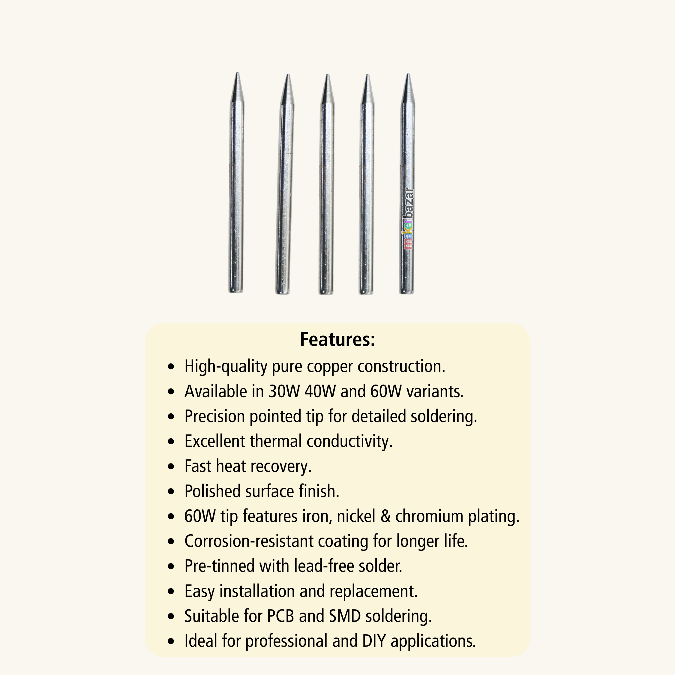 Four metallic soldering tips displayed above a list of features on a light beige background. The tips are silver-colored metal, and the text below lists product features such as high-quality copper construction and available 30W, 40W, and 60W variants.