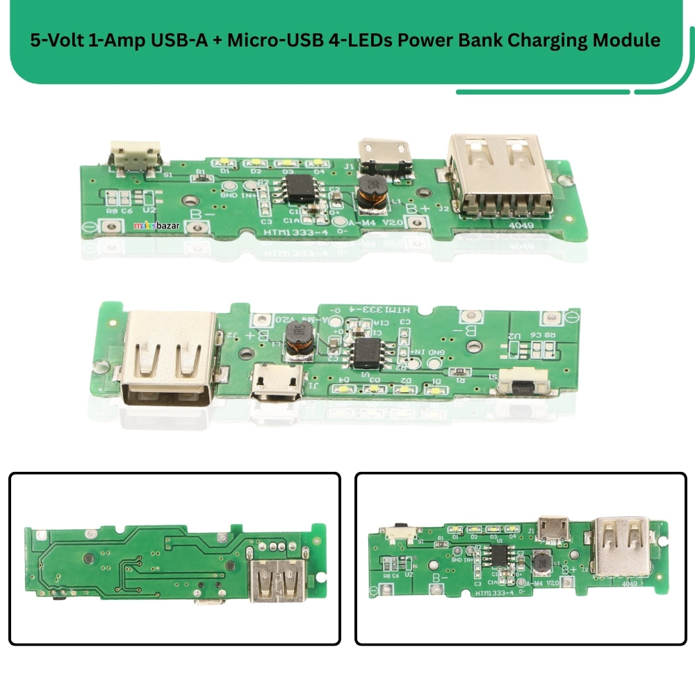 5-Volt 1-Amp USB-A + Micro-USB 4-LEDs Power Bank Charging Module