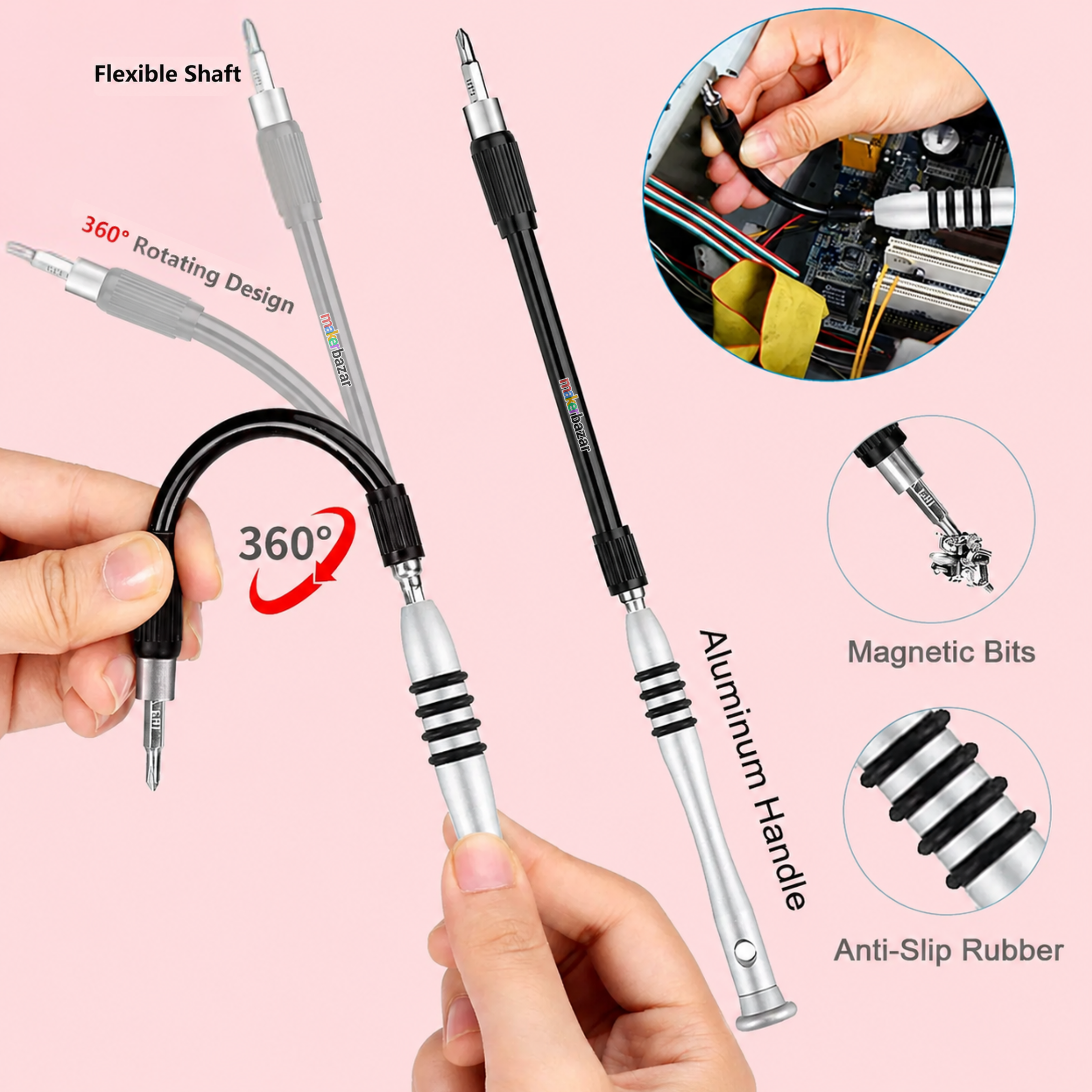 A multi-tool style screwdriver with a flexible black and silver shaft, shown being held by hands against a light pink background. The image includes callout text and circular inset photos highlighting features such as a 360-degree rotating design, magnetic bits, and anti-slip rubber.