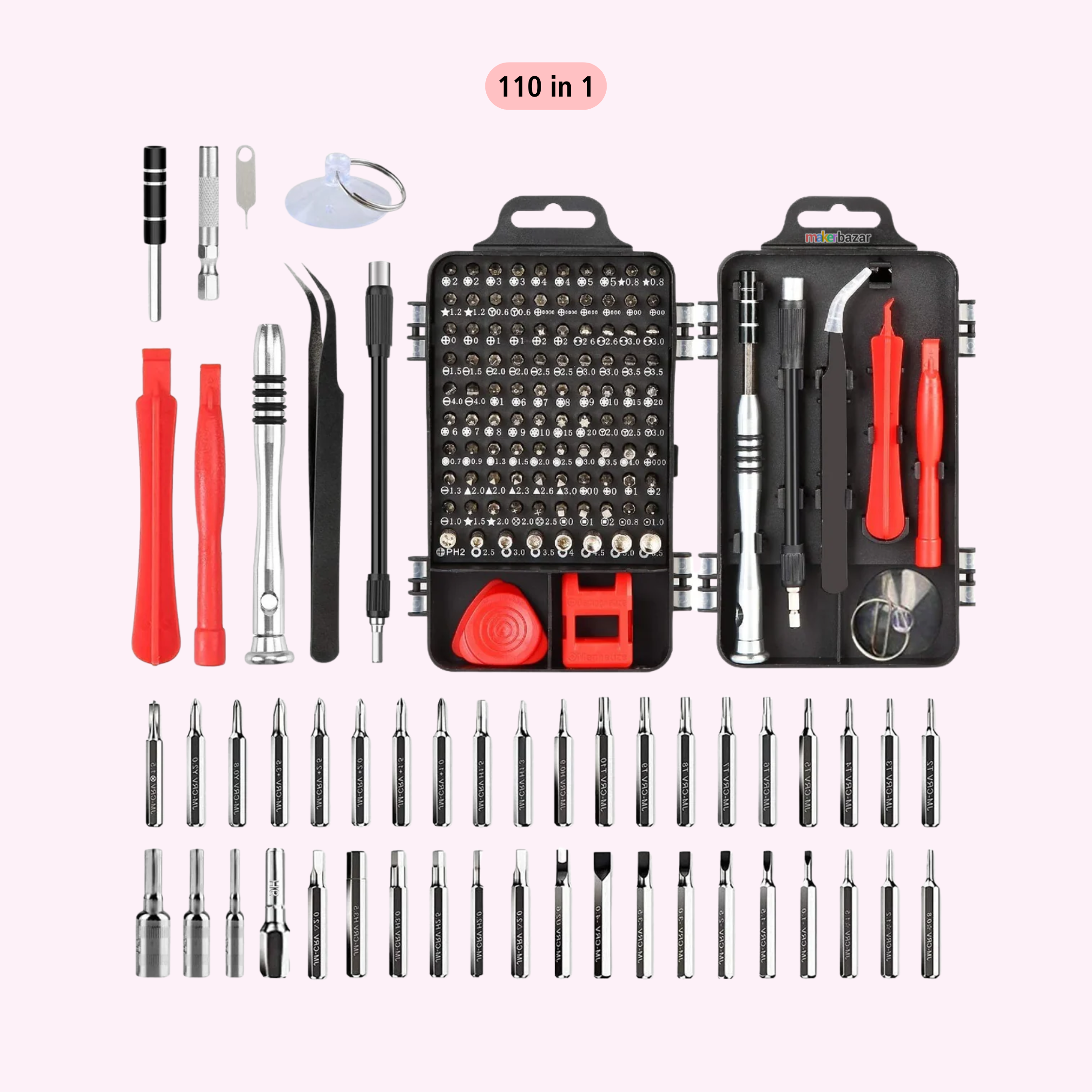 A 110-in-1 multi-tool screwdriver set displayed open on a pale pink background, with various small screwdriver bits arranged in rows and several hand tools including red-handled screwdrivers, black tweezers, and metal implements. The set includes two black plastic carrying cases and many silver metal bits.