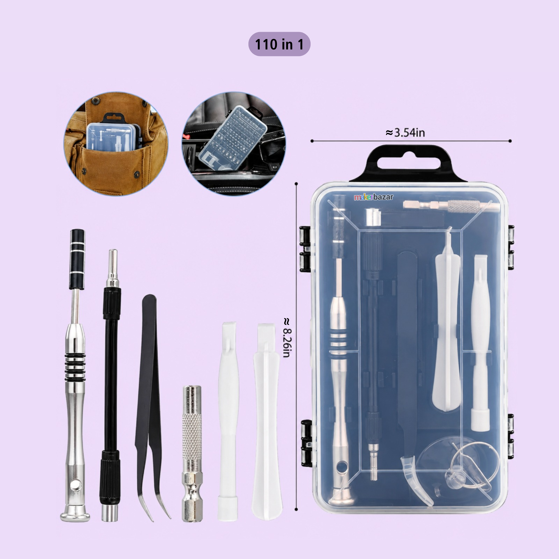 A 110-piece mobile phone repair tool set displayed on a light lavender background, including a clear plastic carrying case with a black handle, several silver and black screwdrivers, tweezers, and white plastic tools. Two circular inset images at the top show the tools in use, and dimension lines indicate the size of the case and tools.