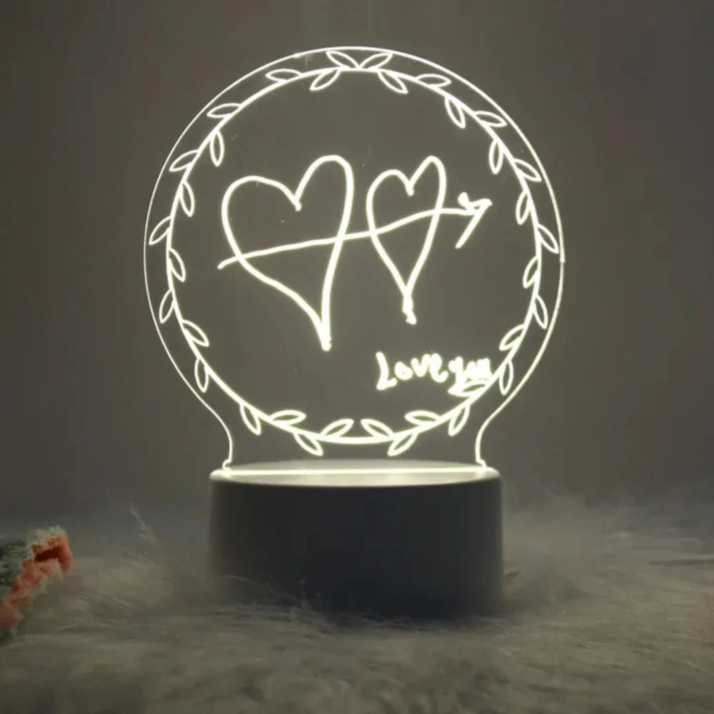 3D Acrylic Creative Message Board with LED Light Base Holder, with Writing Pen