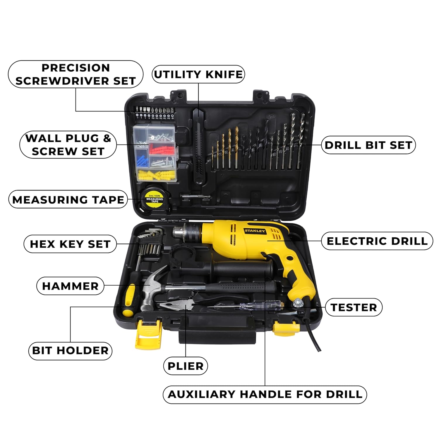 Stanley: SDH550KPA-IN 550W 13mm Corded Single Speed Hammer Drill Machine and Hand Tool Kit (120-Pieces)