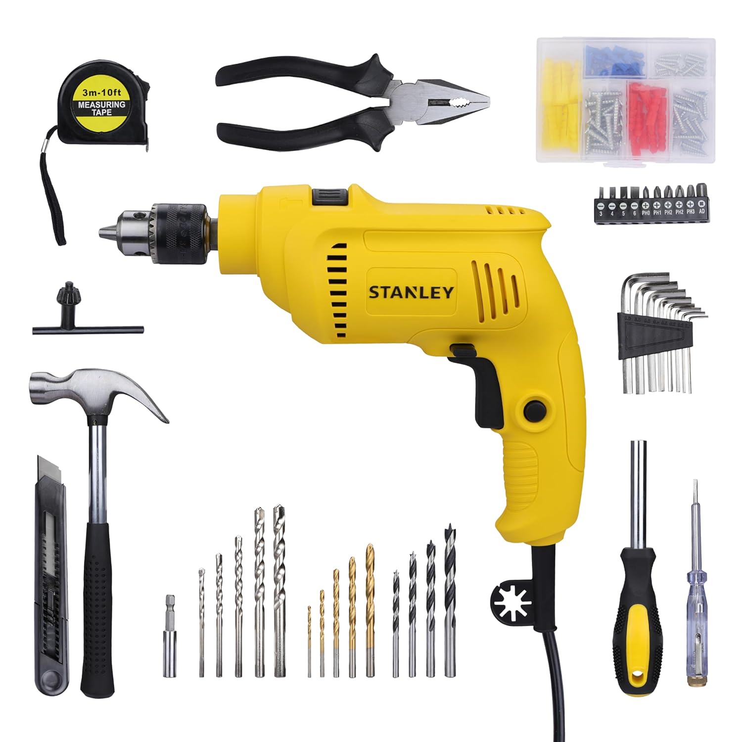 Stanley: SDH550KP 550W 10mm Corded Single Speed Hammer Drill Machine and Hand Tool Kit (120-Pieces)