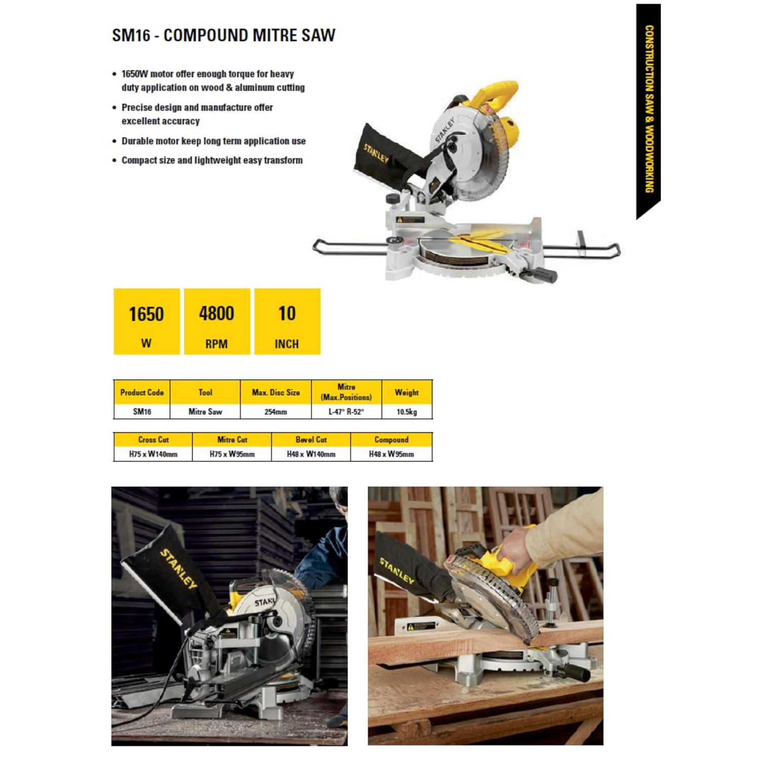 STANLEY SM16-IN 1650W 10" Compound Mitre Saw