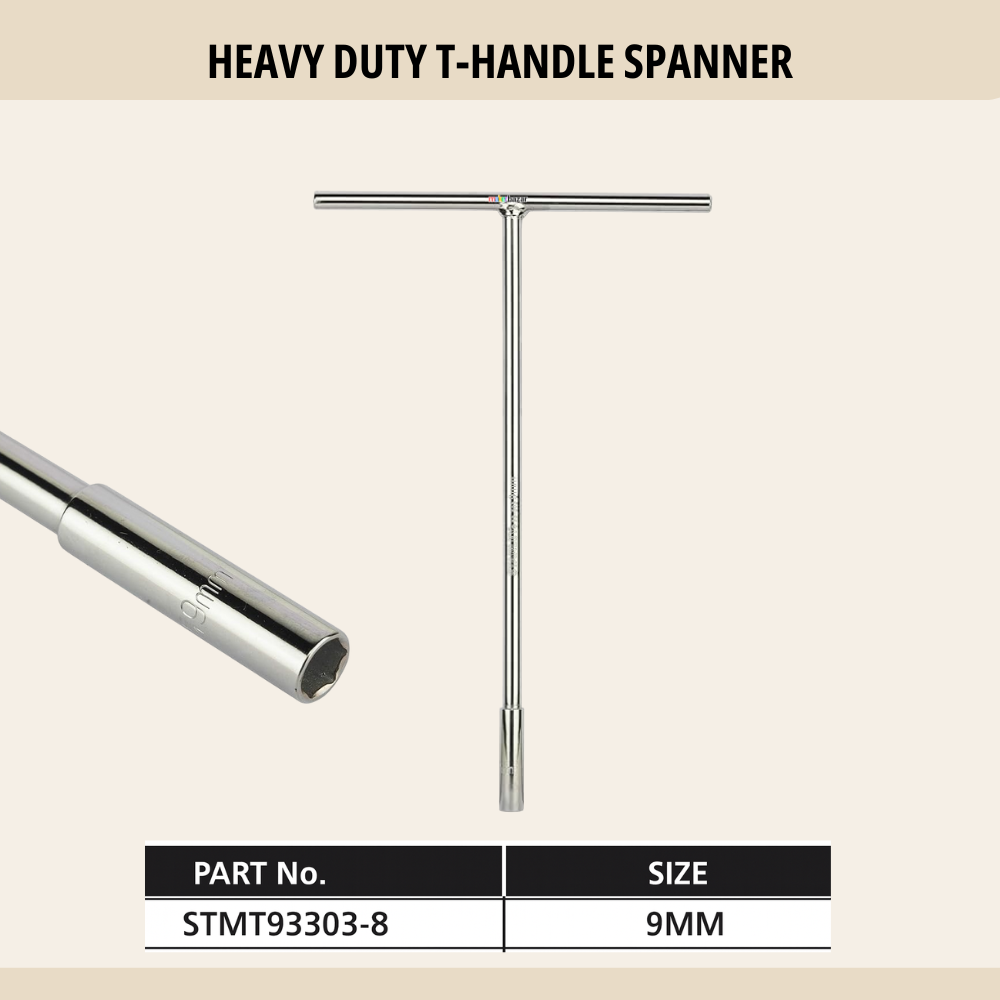 Heavy-duty T-handle spanner with specifications on a beige background