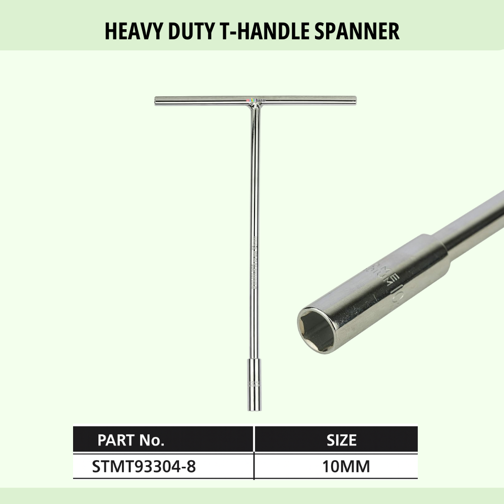 Heavy-duty t-handle spanner with specifications on a light green background