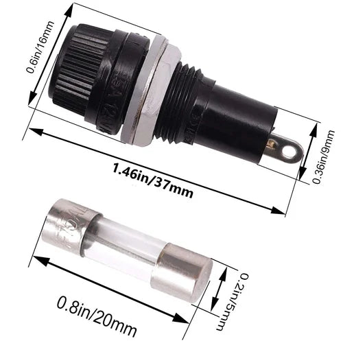 10A 250V Fuse Holder Socket for 5x20mm Glass Cartridge Fuses
