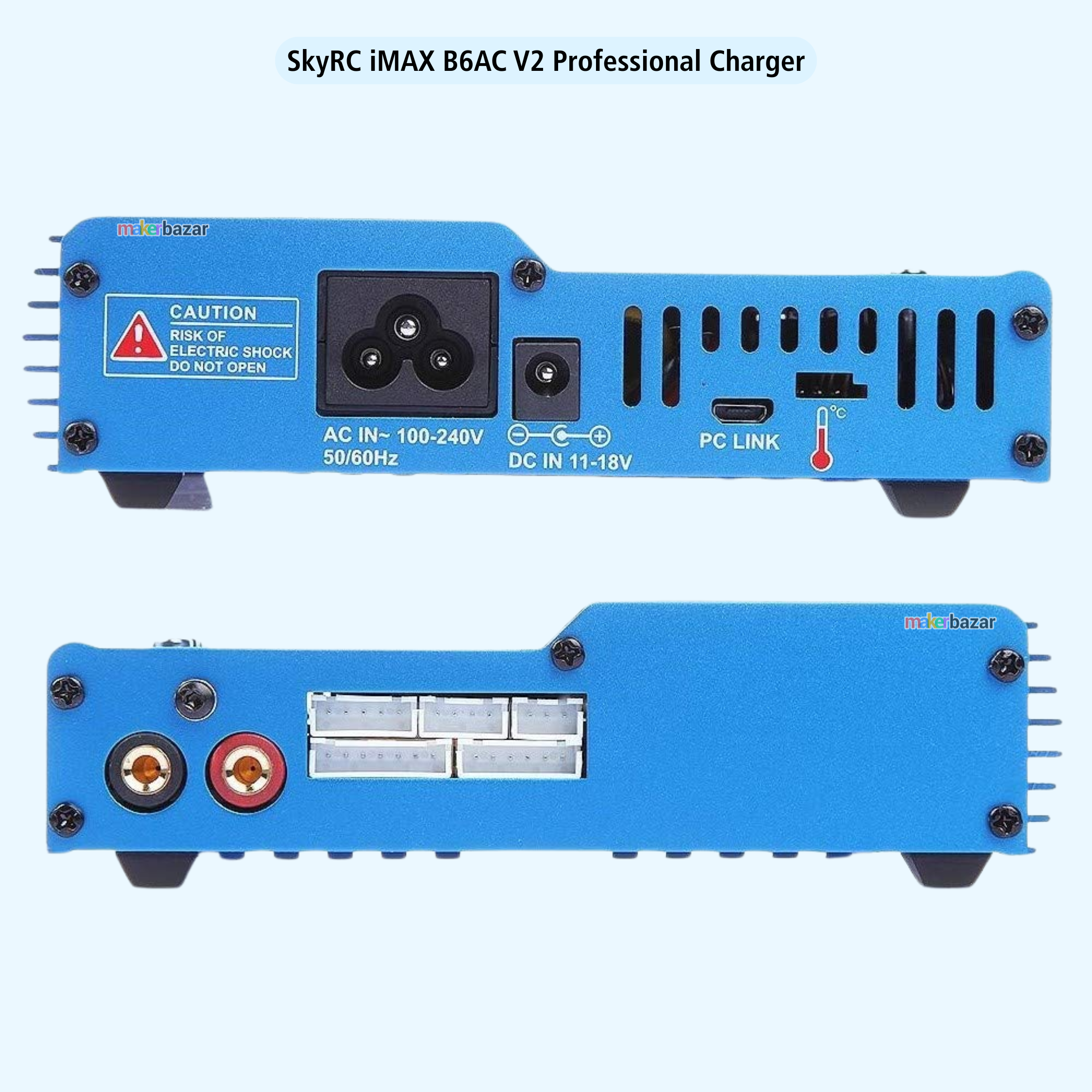 Top and bottom views of a SkyRC iMAX B6AC V2 Professional Charger, showing the blue metal chassis, power input connectors, ventilation slots, temperature sensor, and terminal blocks against a light blue background.