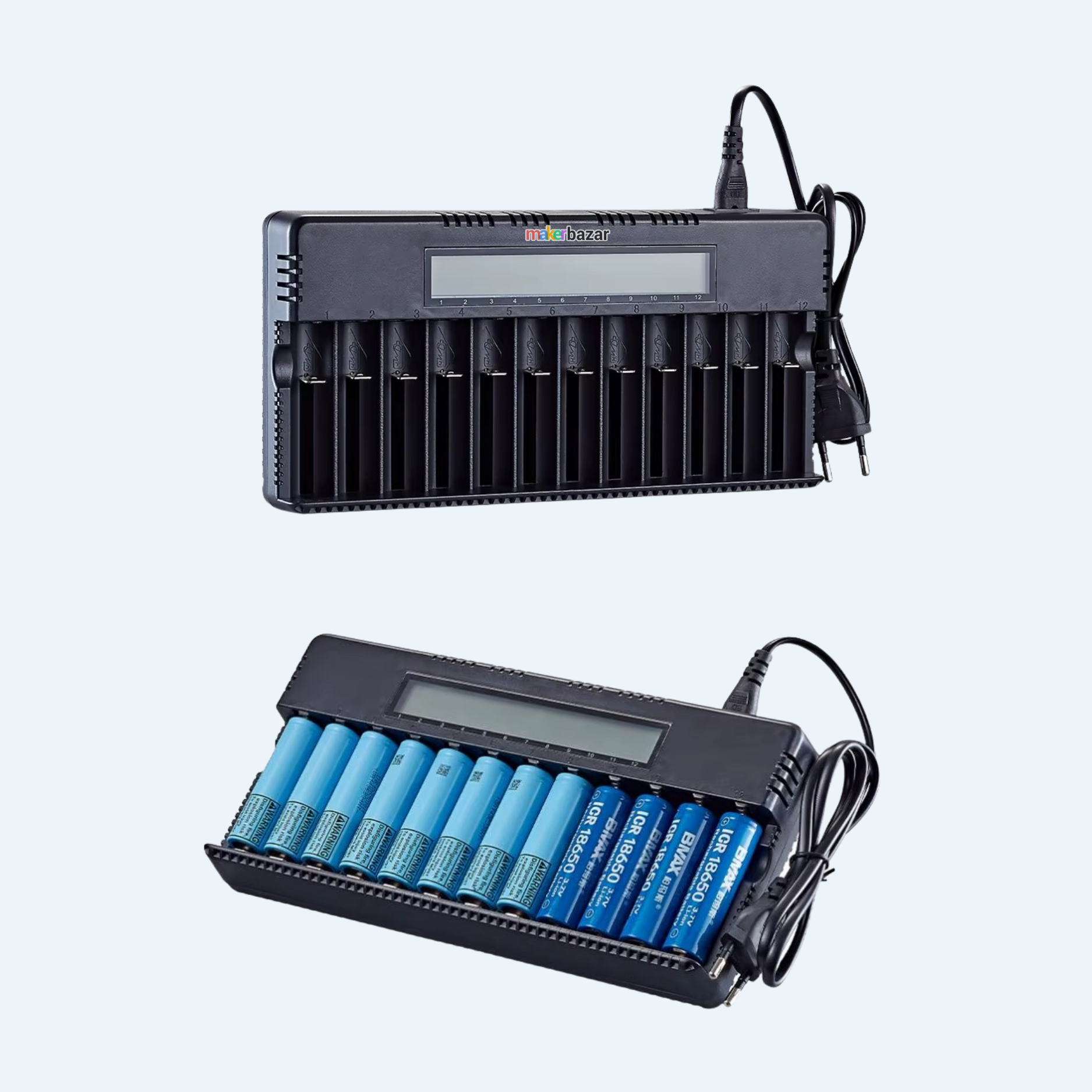 12-Slot Smart Lithium Battery Charger with LCD Display