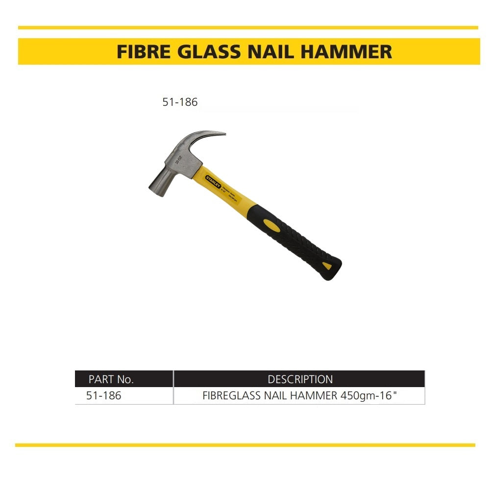 Fibre glass nail hammer with yellow handle on a white background